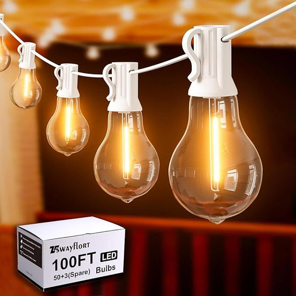 Outdoor String Lights, 100FT LED Patio String Light, String Lights for Outside with 53 LED Bulbs (3 Spare), White | Lumora