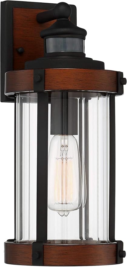 John Timberland Utley Industrial Outdoor Wall Light Fixture Dark Wood Finish Black 15 1/2" Motion Sensor Clear Glass for Exterior House Porch Patio Outside Deck Garage Yard Front Door Garden Home