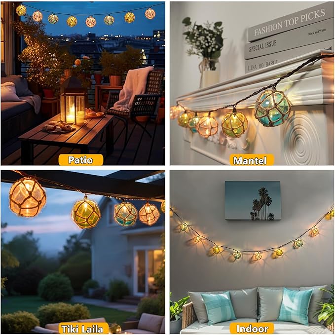 Decorative String Lights Plug in with 10 Incandescent Bulbs, Nautical Fishing Float String Lights Connectable Weatherproof for Indoor Home Tiki Bar Decor and Outdoor Patio Decorations (Three-color)