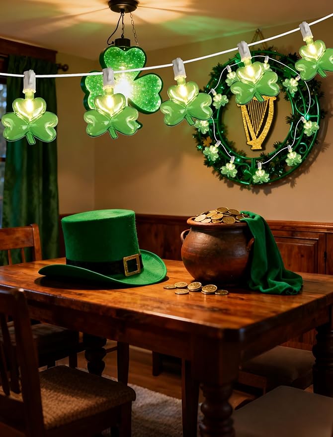 St Patricks Day Shamrock String Lights, 10.5ft Connectable Outdoor Green Clover Lights, Warm White Wire, UL Listed Waterproof