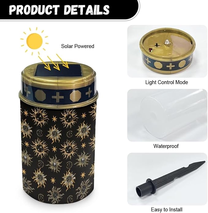 Vintage Sun Print Solar Pathway Lights Outdoor, Solar Lights Outdoor Waterproof, Led Solar Garden Lights, Auto On/Off Solar Lights for Outside Yard Walkway Driveway