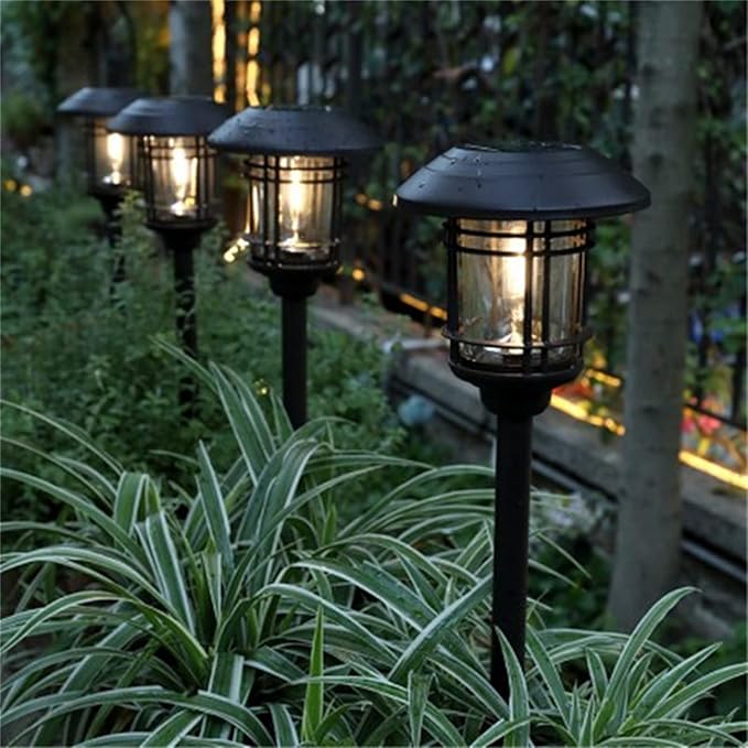 Generic 2 Pack Solar Powered Outdoor Modern Black Stainless Steel LED Path Lights, Yellow & White Light, 0.6W, IP65 Waterproof, Auto On/Off