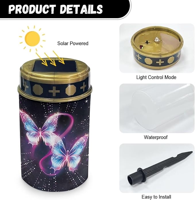Butterfly Print Solar Lights Outdoor, Solar Pathway Lights Easy to Install, Waterproof Solar Lights for Outside Yard Garden Walkway Driveway Lawn Pathway