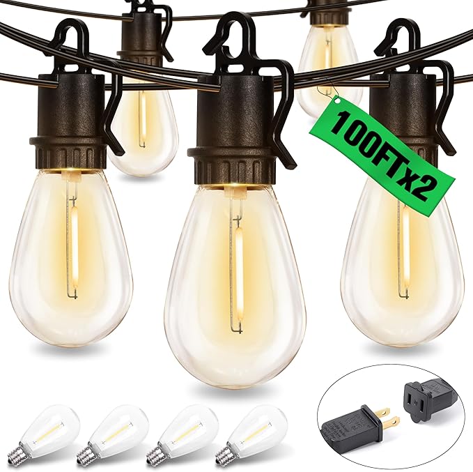 200FT Outdoor String Lights with 104 Shatterproof S14 Vintage Edison Bulbs E12 Sockets,2700K Dimmable Outdoor | Lumora