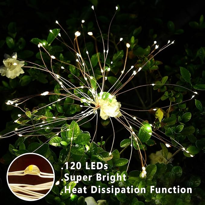 2 PCS Solar Firework Light, Outdoor Solar Garden Decorative Lights 120 LED Powered 40 Copper Wires String DIY Landscape Light for Walkway Pathway Backyard Christmas Decoration Parties (Warm White)