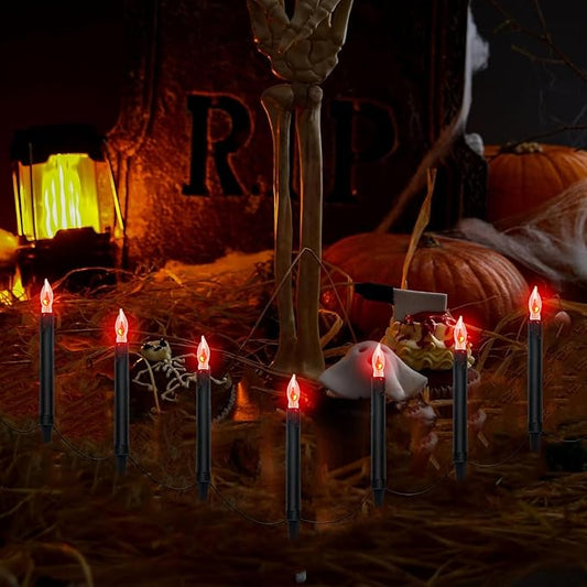 19.5Ft Halloween Pathway Lights Outdoor, Halloween Decor Candle Lights with 10 C18 Flame Bulbs and Black Blood Tears Stakes, Plug in Walkway Decoration Lights for Lawn Yard Garden Party Decor