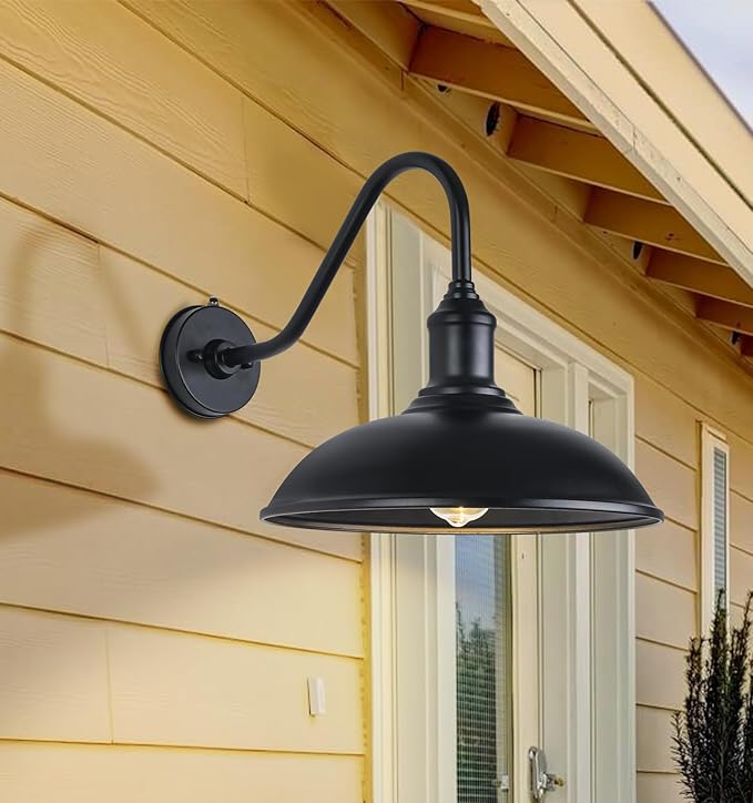 15 Inch Large Black Outdoor Gooseneck Barn Lights, from Dusk to Dawn Farmhouse Barn Lights, Galvanized + Painted | Lumora