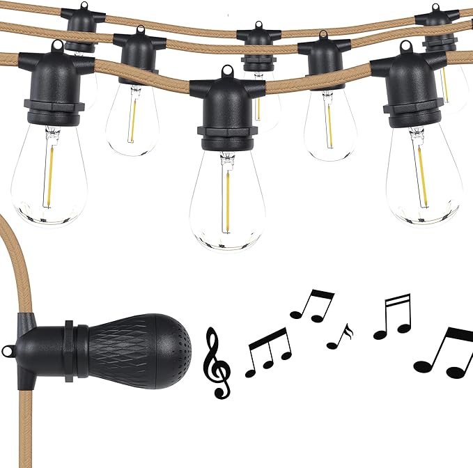 Freespirit Recreation 16.5FT Waterproof Outdoor String Lights - 3 Bluetooth Speaker Outdoor Party Lights with 7 LED Light Bulbs - Perfect for 12V DC, Hanging Lights for Outside Deck Porch & More