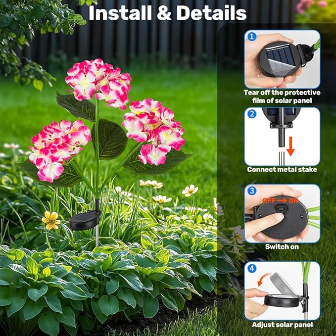 Solar Flower Lights, Solar Garden Lights, 2Pack IP65 Waterproof LED Hydrangea Stake Lights for Garden Decor Pathway Patio Yard (Pink)