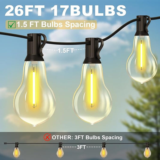 26FT Outdoor String Lights Waterproof with 17+2 Bulbs (1.5FT Bulbs Spacing), Remote & Dimmer, Commercial Patio String Lights with 3 Mode Light & Timing, 50PC Mounting Ties for Outside