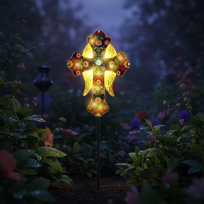 Solar Cross Lights with Angel Wings, Pink and Gold Floral Design, Memorial Garden Stake, Warm White LED, Weather Resistant, 36 Inch