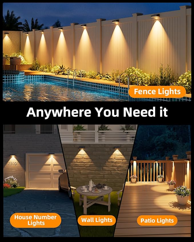 Solar Fence Lights Outdoor, 8 Pack, 50LM Ultra Bright, 3 Color Temperatures & RGB, IP65 Waterproof, Dusk-to-Dawn Solar Powered Fence Lights for Patio, Railing (Black)