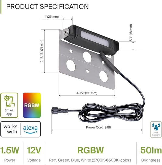 ASD LED 4 Inch Retaining Wall Light Fixture, Hardscape Paver Lighting | RGBW, App & Voice Control, Waterproof, ETL Listed | 2W 60LM RGB-2700K-6500K 12V | Landscape Step Illumination | Black, 8 Pack