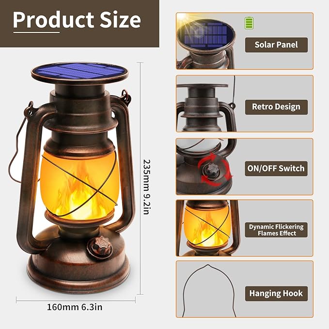 Solar Lantern Outdoor Waterproof,LED Vintage Flickering Flame Solar Lights,Camping Lamps,Solar Powered Hanging | Lumora