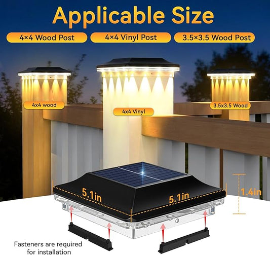 4x4 Solar Post Cap Lights Outdoor, Black Deck Post Light Solar Powered for 3.5x3.5 Vinyl/Wooden Post, Waterproof 3 Modes(Warm/Cool Light) Solar Fence Light for Garden, Patio, Porch 6pack
