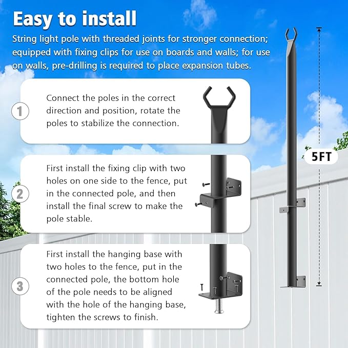 10 Pack String Light Poles,5Ft Metal Poles for Outdoor String Lights,Outdoor Light Poles with Post,Poles/Stand for | Lumora