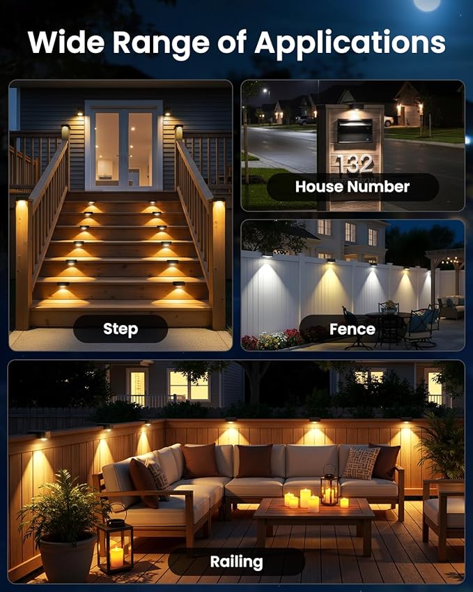 Solar Deck Lights Outdoor 8 Packs, 3000/4000/6000K 3 Modes, Solar Fence Lights outdoor Waterproof, Solar Step Lights for outsidefor Deck, Stair, Step, Fence, Wall, Patio, Yard, Pool and Pathway