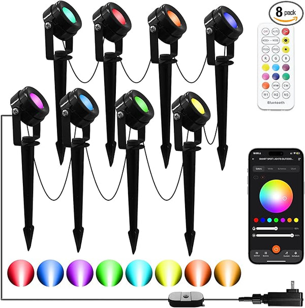 Smart RGBW Landscape Lights, 8 Pack Low Voltage Landscape Lighting with APP & Remote Control, IP65 Waterproof and | Lumora