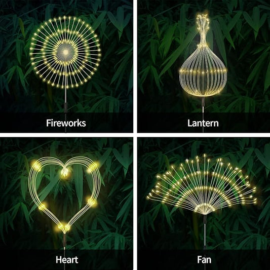 Solar Outdoor Warm White Garden Lights, 4 Pack Firework With 120 LED Starburst String 8 Modes Fairy With Remote, for Wedding Christmas, Lawn Backyard Party Patio Decoration
