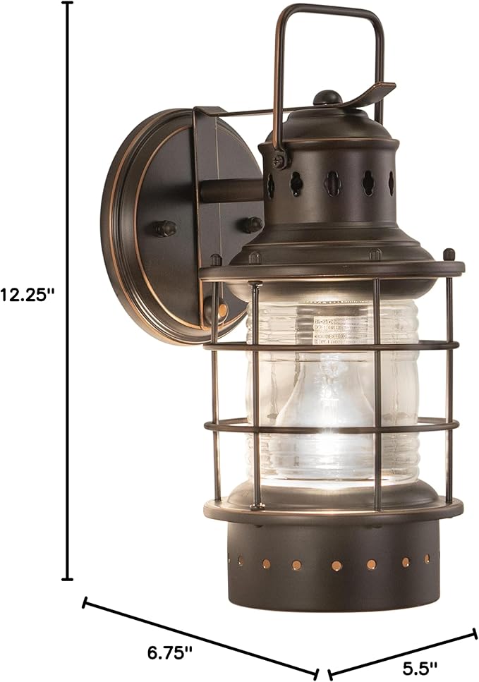VAXCEL Hyannis 12.25 in. H 1-Light Burnished Bronze Coastal Outdoor Wall Sconce Made of Durable Steel, Clear Ribbed Glass Shade, LED Compatible, Use for Exterior Porch Patio Front Door or Garage