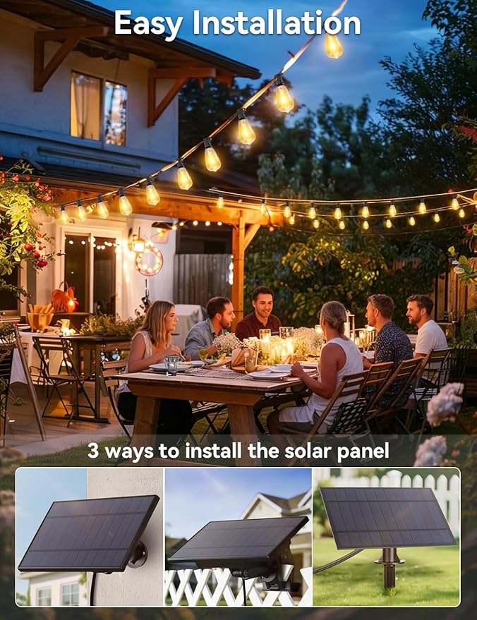 Brightever 100FT Solar String Lights Outdoor Waterproof, Patio Lights Solar Powered with Remote, 36+2 Shatterproof ST38 LED Bulbs 3 Lighting Modes, Dimmable Solar Lights for Backyard, Garden, Deck