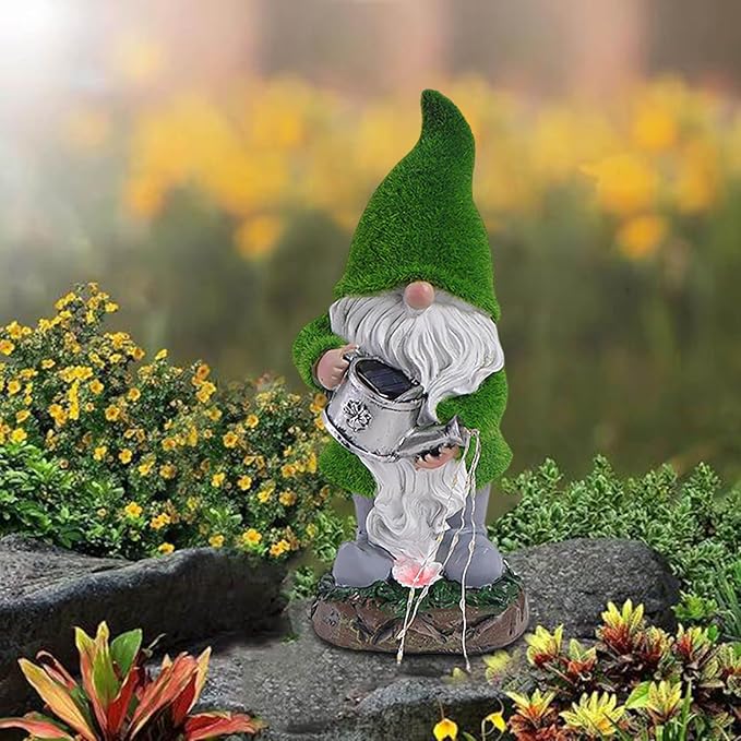 Solar Gnomes Garden Statues, Resin Figurine with Bright Solar Lantern Lights, LED Outdoor Garden Decor Light with Welcome Sign, Christmas Gifts Yard Art Sculptures for Patio Lawn (Green)
