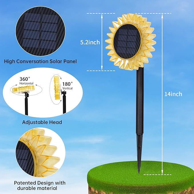 HUYIENO Solar Lights Outdoor Garden Decor Sunflower Waterproof Pathway Fence Lighting Ground/Wall Mounting 2 in 1 for Garden,Patio,Yard Decoration
