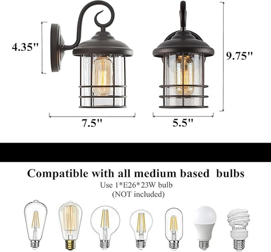 MICSIU 9.8" Oil Rubbed Bronze Outdoor Wall Sconce, Exterior Light Fixture with Round Seedy Glass Cylinder, 5.5" W Waterproof Outside Wall Mount Lantern for House, Porch, Garage, E26 Base