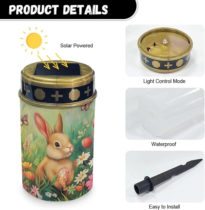 Rabbit Flower Solar Cemetery Grave Decorations, Waterproof Memorial Cemetery Decorations Lights for Birthday Mother Day Fathery Day Memorial Day Christmas