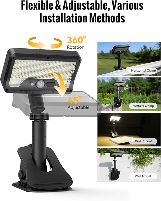 Clip On Solar Lights Outdoor, 92LED 500LM with Type-C Charging, Solar Motion Sensor Security Light, 3 Modes Waterproof Chain Link Fence Lights for Deck, Garden, Gutter, Mailbox, Camping