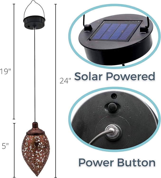 Solar Outdoor Lanterns - Hanging Lights, Set of 2 Moroccan Style Garden Party Decorative Rechargeable Lantern, Hurricane Lamps are Great for Front Porch, Patio and Yard