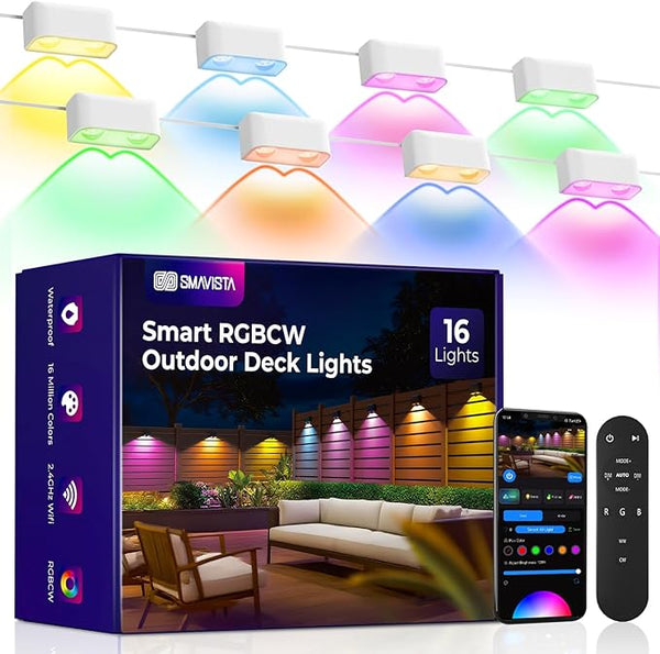 Outdoor Deck Lights 16 Packs, Smart RGBCW Fence Light, 100+ Scene Modes, Dual Lens LED String Lights with | Lumora