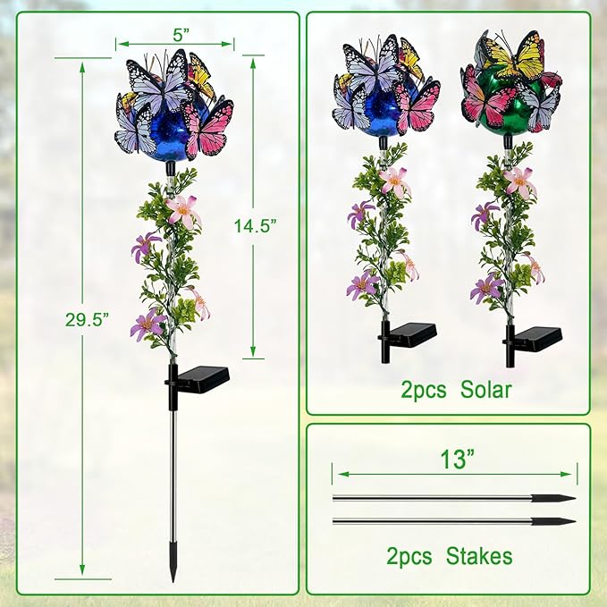 Solar Lights Outdoor Pathway,2 Pack Butterfly with Ball Garden Stakes,Colorful Twinkle Fairy Lights Decorations Outdoor for Yard,Lawn,Spring