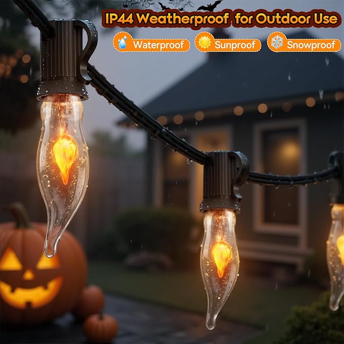 50Ft Extra-Long Fall & Halloween String Lights,25 C18 Flicker Flame Bulbs for Outdoor Decor,Waterproof & | Lumora