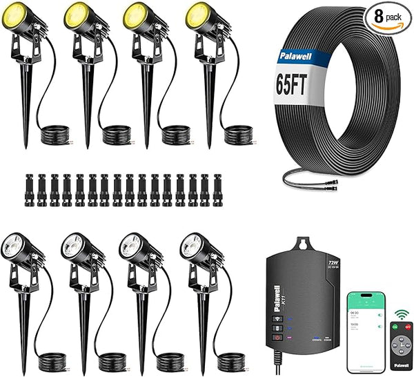 8-Pack Low Voltage Landscape Lighting Kit with WiFi 72W Transformer, 3W LED Spotlights with 65ft Cable, App and | Lumora