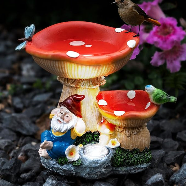 TIJNN Solar Gnome Statue with LED Lights, Bird Water Feeder Garden Decor for Patio, Lawn, or Home, Mushroom | Lumora