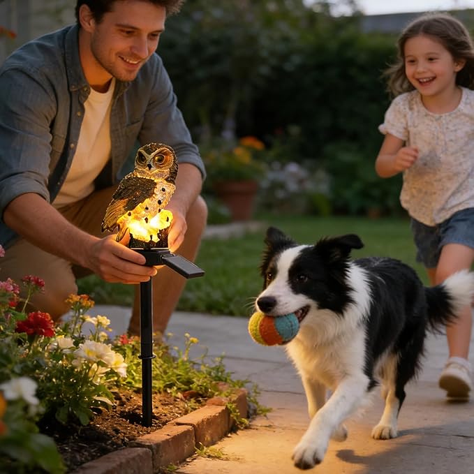 Solar Owl Lamp | Decorative Resin Animal Figure, with Solar Lawn Lights Including Stake – For Garden, Lawn, Ground, Landscape, Path, Park and Yard