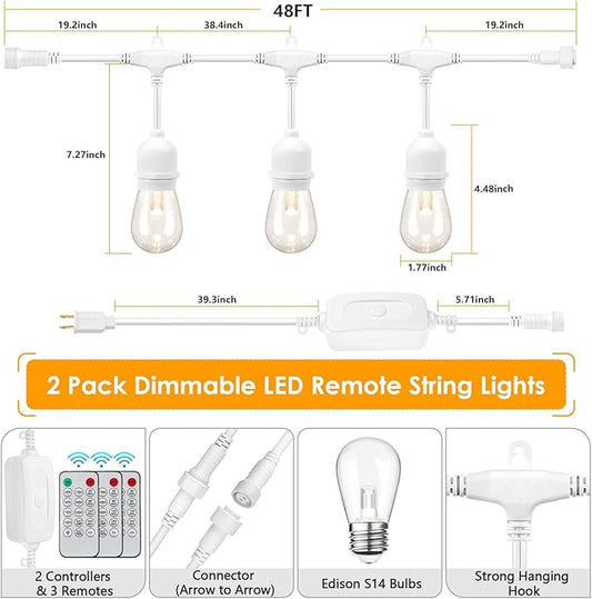 Mlambert 3 Color Outdoor LED Dimmable String Lights with Remotes, Plug in 96FT(2x48FT) Waterproof Shatterproof LED Lights for Patio Pergola-White Cord