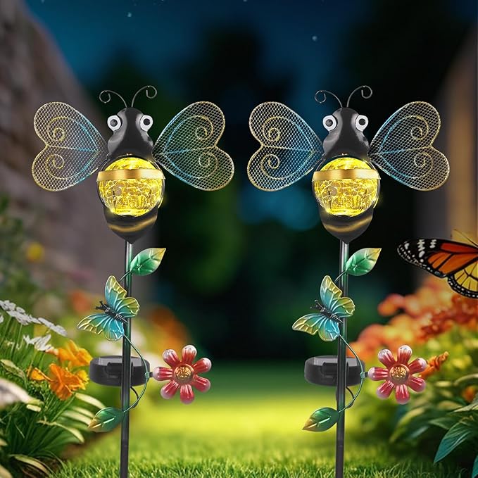 Solar Bee Garden Stakes Lights Outdoor Waterproof Metal Garden Stakes Decorative Bee Decor for Outside Yard Lawn Patio Decorations Whimsical Solar Lights Outdoor Housewarming Gardening Gifts for Women