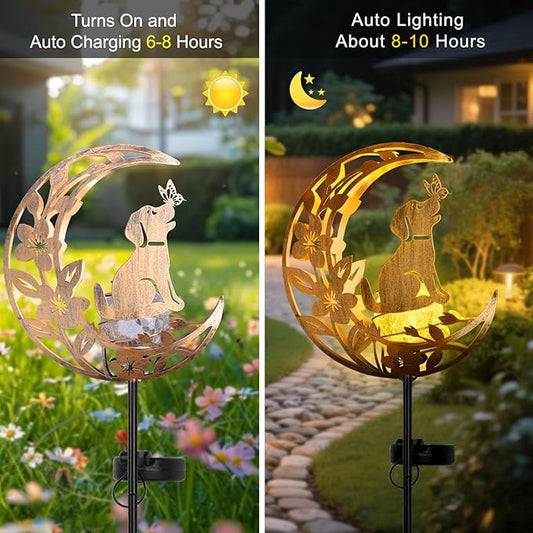 JOBOSI Solar Iron Art Flower Planting Moon Dog Waterproof Outdoor Solar Light for Garden, Yard, Patio Decor, Auto On/Off, Long-Lasting Battery, Unique Gift for Mom, Grandma, Christmas