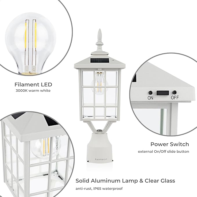 Kemeco ST4224Q-W Solar Post Light Outdoor Led Squared Frame Fixture with 3" Pier Mount Base for Garden Street Pole | Lumora