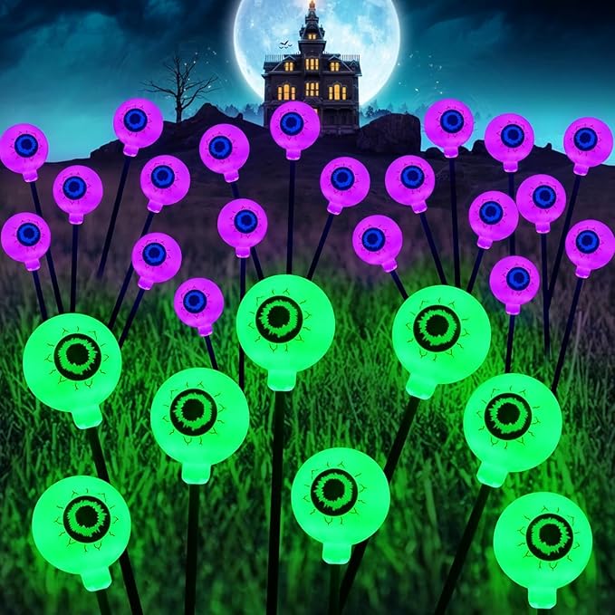Halloween Decorations Outdoor Solar Eyeball Lights 4 Pack 32 LED 8 Modes Waterproof Scary Spooky Eyeballs Light Purple and Green Solar Garden Lights for Yard Party Halloween Decor (Green & Purple)