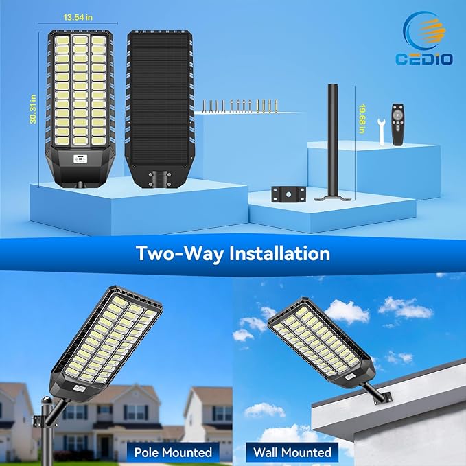 CEDIO 12000W Commercial Grade Solar Street Light, IP67 Waterproof Heavy Duty LED Flood Light with Remote & Motion Sensor, Dusk to Dawn Security Light for Parking Lot, Farm, Property, Yard