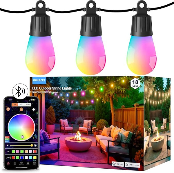 Outdoor String Lights APP Control with Remote, 64(52+12) ft RGB+IC+Warm White Outdoor Lights 18 LED Bulbs Music | Lumora