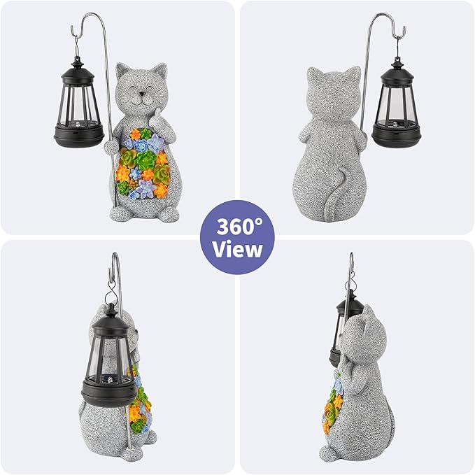 Solar Cat Garden Statue with Succulent Decor Hanging Lantern – Waterproof Resin Outdoor Figurine for Yard, Patio | Lumora