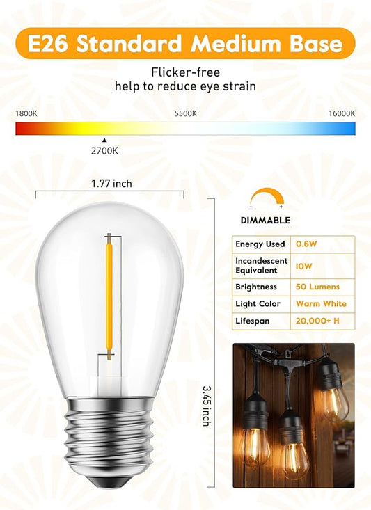 Brightown Shatterproof LED S14 Replacement Light Bulbs-E26 E27 Medium Screw Base Edison Bulbs Equivalent to 11 W, Fits for Commercial Outdoor Patio Garden Vintage Lights, 25-Pack, Warm White