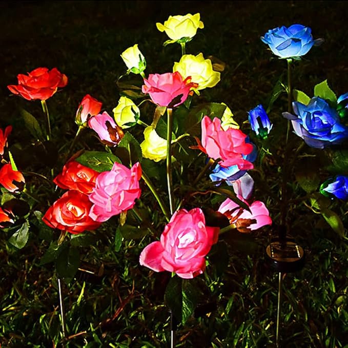 Aolyty Solar Garden Lights Outdoor, Solar Powered Stake Flower Light, IP65 Waterproof Solar Decorative Rose Flowers Lights for Patio Pathway Yard Lawn Decor (Red, 7 Rose)