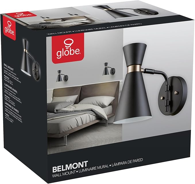 GLOBE Electric 65855 Belmont 1-Light Wall Sconce, Satin Black, Gold Accents