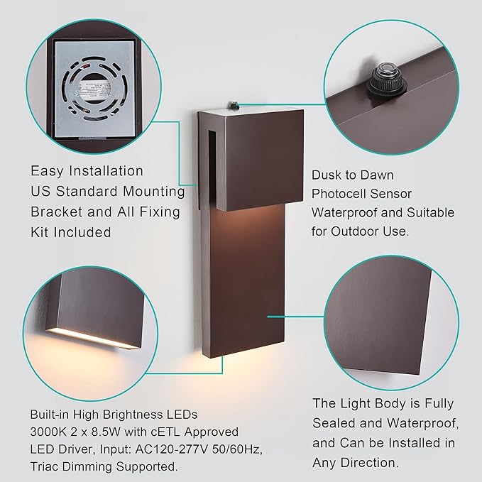 15IN Outdoor Wall Sconce Fixture,Dusk to Dawn Patio Lights,Waterproof Exterior Lamp,Modern Wall Mounted with 17W | Lumora