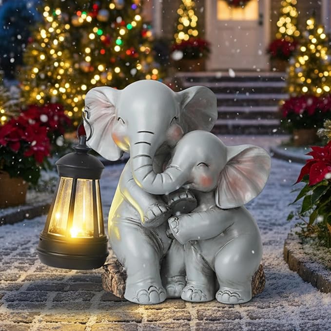 Solar Garden Decor - Mother Baby Elephant Statue with Solar Lantern 7" Resin Elephant Figurines Outdoor Yard Porch Lawn Patio Decor Housewarming Birthday Gift for Mom Grandma Women